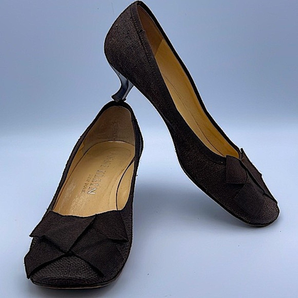 ANNE KLEIN NEW YORK | Brown Bow Tweed Kitten Heel Pumps | Sz 7M - Picture 15 of 15